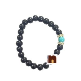 Black Agate | Hakik Gemstone Stretchable Round Beads Bracelet With Turquoise | Firoza Bead (1 Pc)