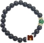Black Agate | Hakik Gemstone Stretchable Round Beads Bracelet With Green Jade Bead (1 Pc)