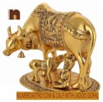 Kamdhenu Cow and Calf with Laddu Gopal | Krishna in White Metal Golden Finish (15 Cms) (1 Pc)