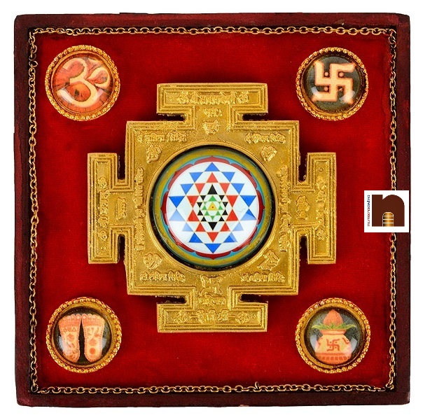 Shri | Shree Yantra Kuber Chowki In Wood & Brass For Health, Wealth & Good Luck (16 Cms) (Pack of 1)