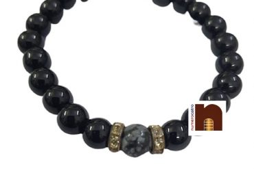 Black Agate | Hakik Stretchable Round Beads Bracelet With Snowflake Bead For Men & Women (1 Pc)