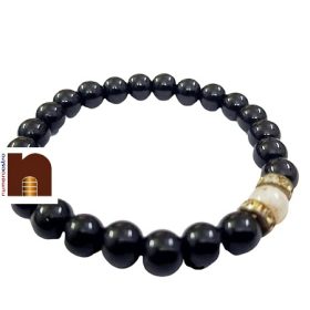 Black Agate | Hakik Stretchable Round Beads Bracelet With Opal Bead For Men & Women (1 Pc)