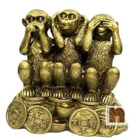 Feng Shui Three Monkey Sitting On Lucky Coins & Ingots Showpiece in Polyresin (Oxidized Golden) (1 Pc)