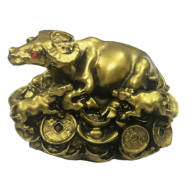 Wish Fulfilling Cow with Calf Sittiing On Lucky Coins Showpiece for Feng Shui & Vastu (9 Cms) (1 Pc)