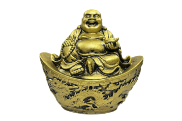 Feng Shui Laughing Buddha | Happy Man Sitting On Ingot (Oxidized Golden) (Height 10 Cms) (1 Pc)