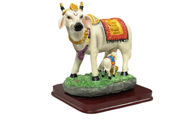 Kamdhenu Cow with Calf in Resin On Wooden Stand for Puja & Home Decor (14 Cms) (1 Pc)