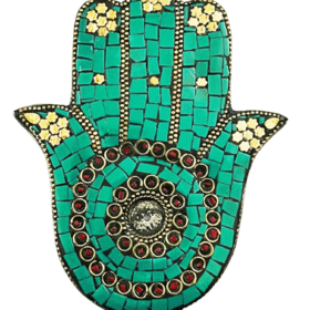 Hamsa Hand Agarbatti Stand | Incense Stick | Cone Holder Engraved with Turquoise Stones & Brass (5 Inches) (1 Pc)