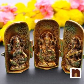 Shri Laxmi,Ganesh,Saraswati Idol in Oxidized Golden Box (1 Pc)